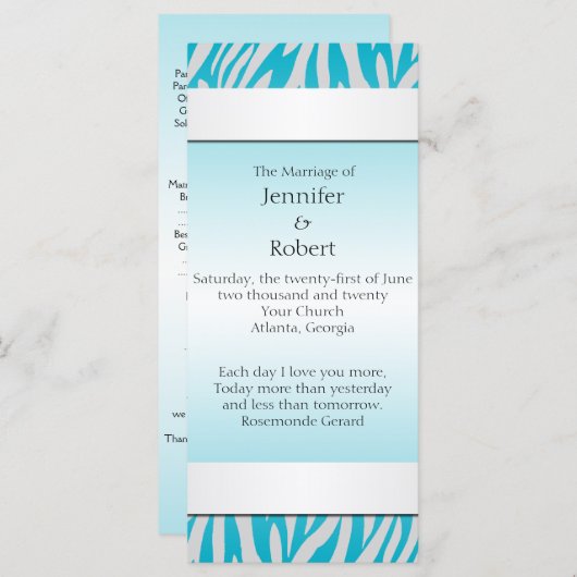 Aquamarines und weißes Zebra Diamond Hochzeitsprog Programm (Vorne/Hinten)