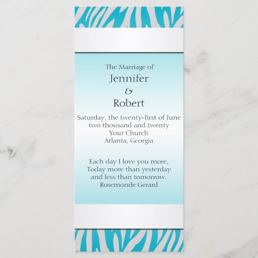 Aquamarines und weißes Zebra Diamond Hochzeitsprog Programm (Vorderseite)