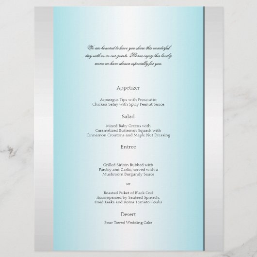 Aquamarines und weißes Zebra Diamond Wedding Menu (Vorderseite)