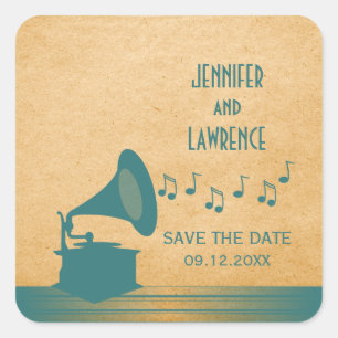 Aquamarines Vintages Gramophon Save the Date Stick Quadratischer Aufkleber