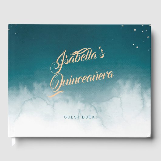 Aquamarines Wasserfarben Goldener Spritzer Quinceñ Gästebuch (Vorderseite)