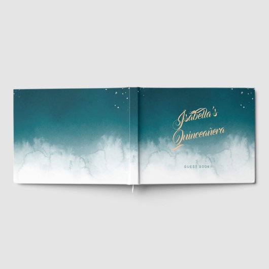 Aquamarines Wasserfarben Goldener Spritzer Quinceñ Gästebuch (Voll)