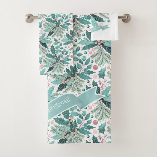 Aquamarines Weihnachts-Holly-Berries-Muster#17 ID1 Badhandtuch Set (Insitu)