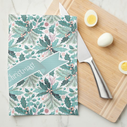 Aquamarines Weihnachts-Holly-Berries-Muster#17 ID1 Geschirrtuch (Viertel Falte)