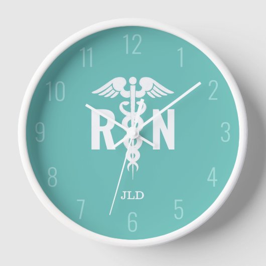 Aquamarines weißes Caduceus Monogramm Uhr (Vorderseite)