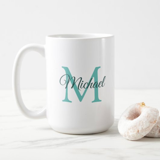 Aquamarines Weißes einfarbiges Monogramm Vorlage Kaffeetasse (Mit Donut)