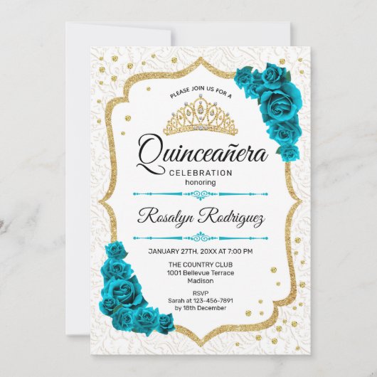 Aquamarines Weißes Gold Elegante Blumenschlucht Einladung (Vorderseite)