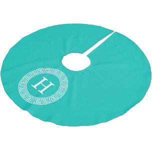 Aquamarines weißes griechisches SchlüsselRnd Polyester Weihnachtsbaumdecke