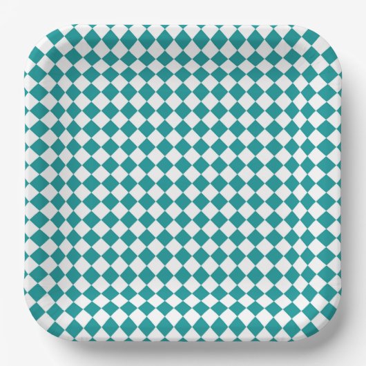 Aquamarines weißes Schachbrett Diamantmuster Pappteller (Vorderseite)