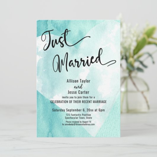 Aquamarines Weißes Wasserfarbenherz - nur heiraten Einladung (Stehend Vorderseite)