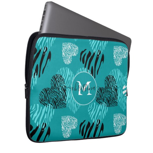 Aquamarines Weißes Zebra-Druckhörer-Monogramm Laptopschutzhülle (Vorne Rechts)