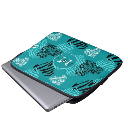 Aquamarines Weißes Zebra-Druckhörer-Monogramm Laptopschutzhülle (Vorne Knopf)