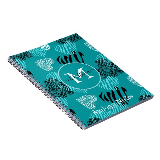 Aquamarines Weißes Zebra-Druckhörer-Monogramm Notizblock (Rechte Seite)