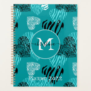Aquamarines Weißes Zebra-Druckhörer-Monogramm Planer