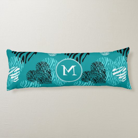 Aquamarines Weißes Zebra-Druckhörer-Monogramm Seitenschläferkissen (Rückseite)