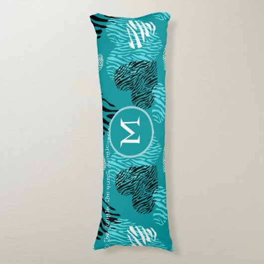 Aquamarines Weißes Zebra-Druckhörer-Monogramm Seitenschläferkissen (Vorderseite Vertikal)