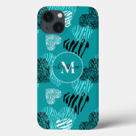 Aquamarines weißes Zebra Print Hearts Monogram iPh Case-Mate iPhone Hülle