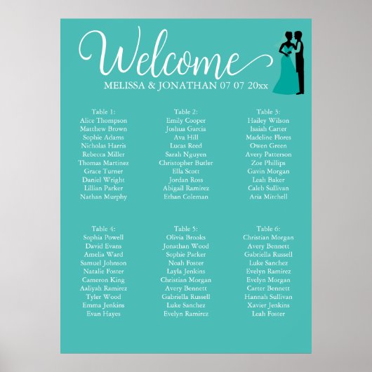 Aquamarines White Elegant Wedding Chart Poster (Vorne)