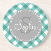 Aquamarines White Gingham Kariert Pattern Monogram Sandstein Untersetzer (Vorne)