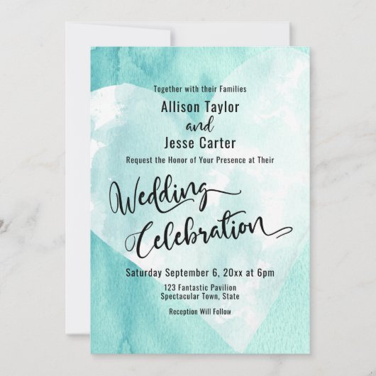 Aquamarines White Watercolor Herz Hochzeitsfeier Einladung (Vorderseite)