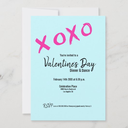 Aquamarines XOXO Rosa Valentines Abendessen Party Einladung (Vorderseite)