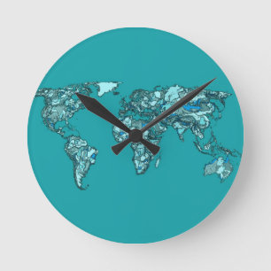 Aquamarineweltkarten-Tintenzeichnen Runde Wanduhr