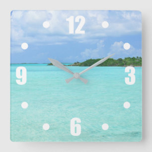AQUAMARINWASSER, BLUE SKY/ CARIBBEAN SCENERY SQUA QUADRATISCHE WANDUHR