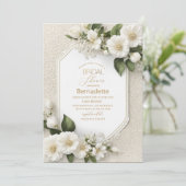Aquarell 3D-weiße Blume Gold Brautparty Einladung (Stehend Vorderseite)