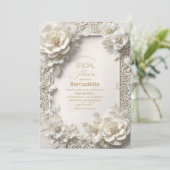 Aquarell 3D-weiße Blume Gold Brautparty Einladung (Stehend Vorderseite)