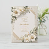 Aquarell 3D-weiße Blume Gold Brautparty Einladung (Stehend Vorderseite)