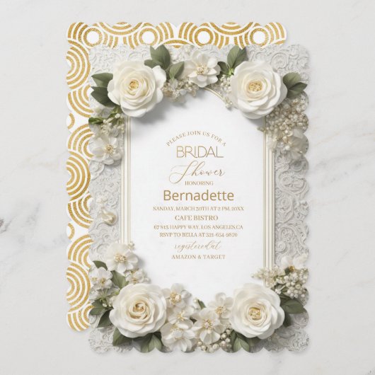 Aquarell 3D-weiße Blume Gold Brautparty Einladung (Vorne/Hinten)