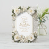 Aquarell 3D-weiße Blume Gold Brautparty Einladung (Stehend Vorderseite)