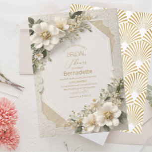 Aquarell 3D weiße Blumen Gold Junggesellinnenabsch Einladung