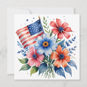 Aquarell 4. Juli Amerikanische Flagge und Blumen Feiertagskarte