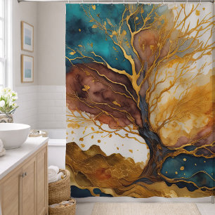 Aquarell-Abstrakt-Landschaftsmalerei Gold Duschvorhang