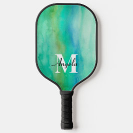 Aquarell abstrakt türkis und blau monogram pickleball schläger