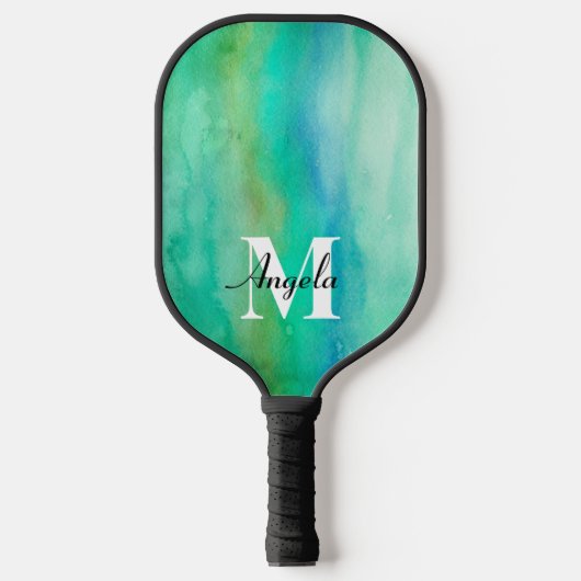 Aquarell abstrakt türkis und blau monogram pickleball schläger (Vorderseite)