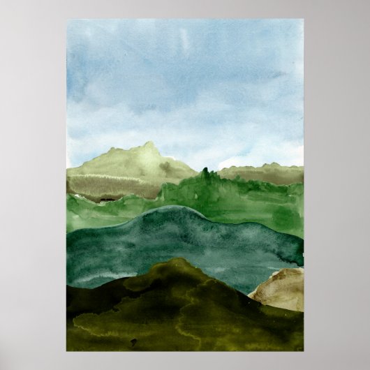 Aquarell abstrakte grüne Berge Landschaft Kunst, D Poster (Vorne)
