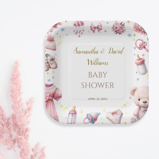 Aquarell Adorable Pink Joyful Babydusche Blüte Pappteller