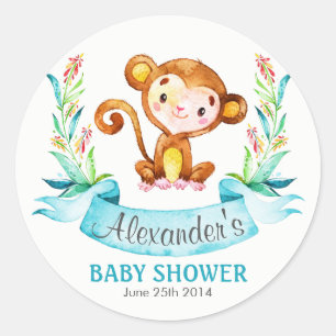 Aquarell-Affe-Jungen-Babyparty Runder Aufkleber