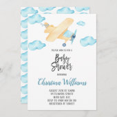 Aquarell Airplane Boy Baby Dusche Blau Einladung (Vorne/Hinten)