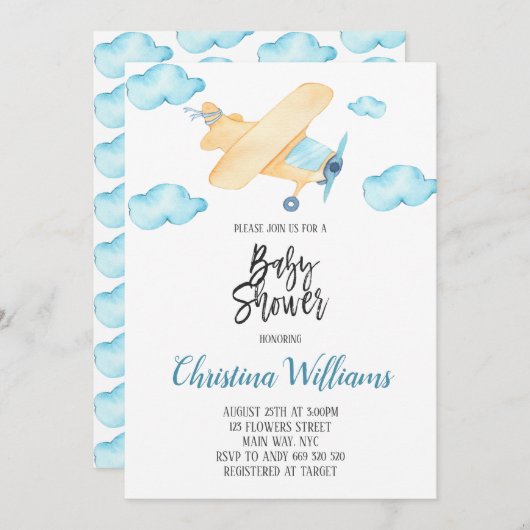 Aquarell Airplane Boy Baby Dusche Blau Einladung (Vorne/Hinten)