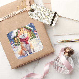 Aquarell Akita Lebkuchenhäuschen Weihnachten  Quadratischer Aufkleber