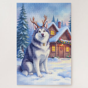Aquarell Alaskan Malamute Rentier Weihnachten Puzzle
