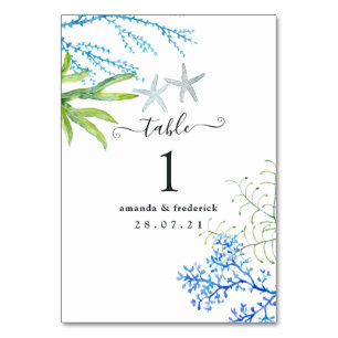 Aquarell-Algen-Strand-Themenhochzeit Tischnummer
