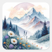 Aquarell Alp Landschaft mit Wildblumen Quadratischer Aufkleber (Vorderseite)