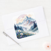 Aquarell Alp Landschaft mit Wildblumen Quadratischer Aufkleber (Umschlag)