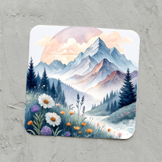 Aquarell Alp Landschaft mit Wildblumen Quadratischer Aufkleber