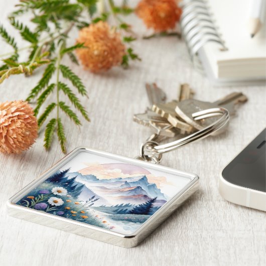 Aquarell Alp Landschaft mit Wildblumen Schlüsselanhänger (Seite)