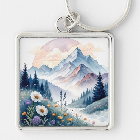 Aquarell Alp Landschaft mit Wildblumen Schlüsselanhänger (Vorne)